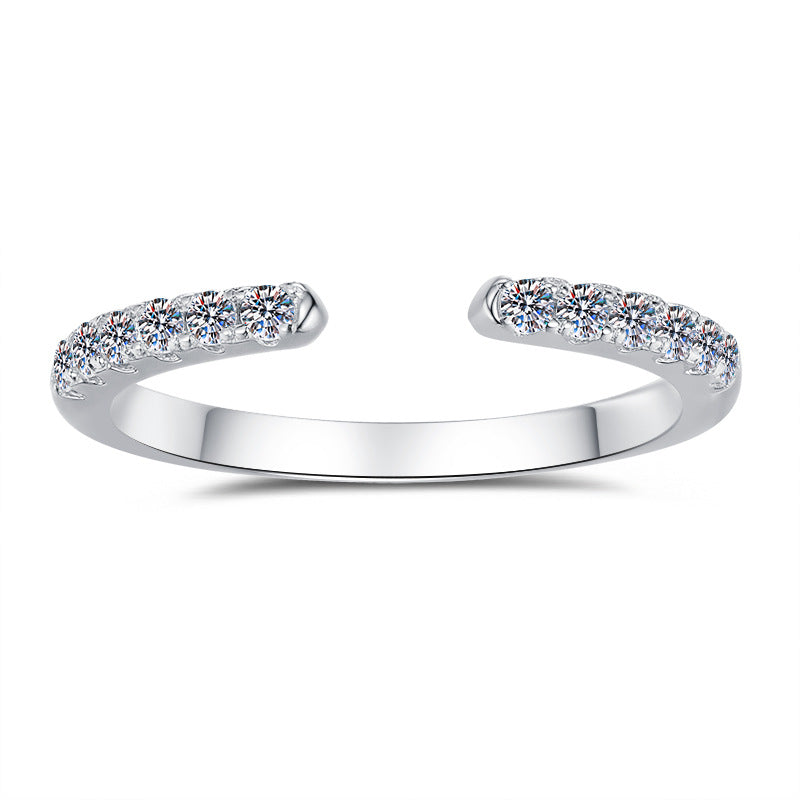 Korean-style trendy 925 sterling silver open ring for women; stackable row-style design, 18K gold-plated, versatile Moissanite silver jewelry.