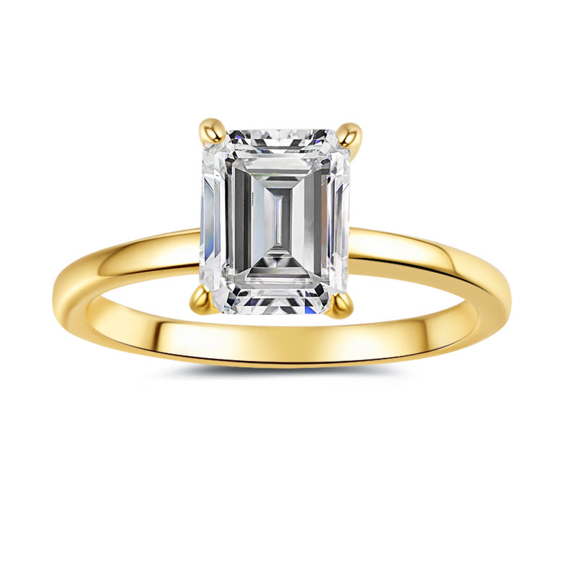 Minimalist, chic, and stylish 925 silver ring for women, featuring an emerald-cut moissanite and 18K gold plating.