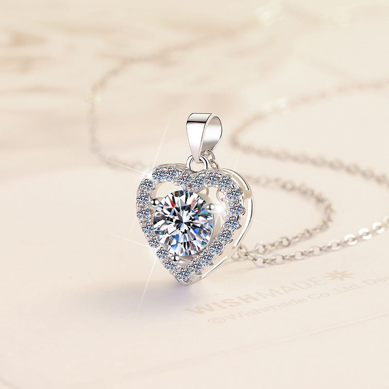 S925 Sterling Silver Necklace with 1-Carat Heart-Shaped Moissanite Pendant (18K Gold Plated) – Collarbone Chain