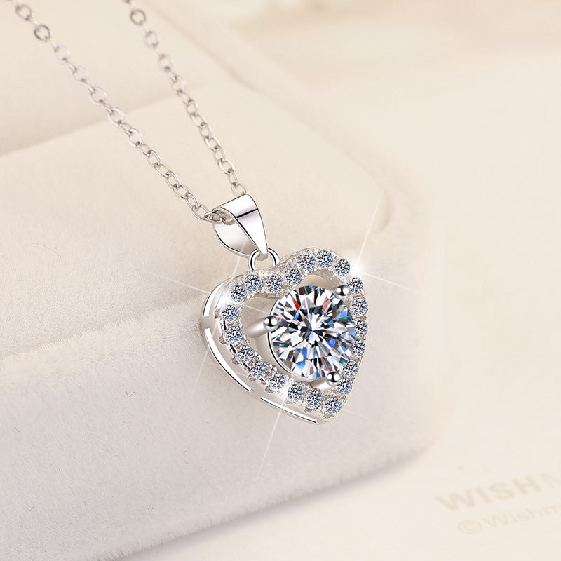 S925 Sterling Silver Necklace with 1-Carat Heart-Shaped Moissanite Pendant (18K Gold Plated) – Collarbone Chain