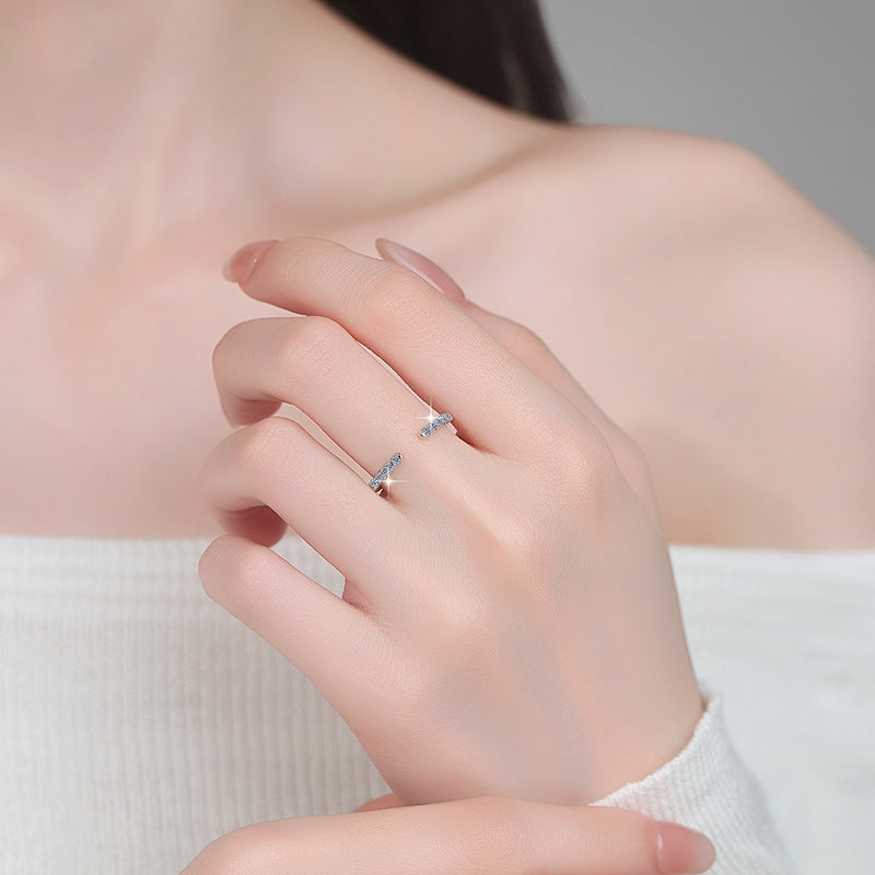 Korean-style trendy 925 sterling silver open ring for women; stackable row-style design, 18K gold-plated, versatile Moissanite silver jewelry.