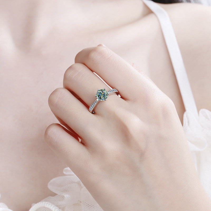 GRA Moissanite Ring – 925 Sterling Silver, Adjustable Open Band, Classic Six-Prong Crown Setting
