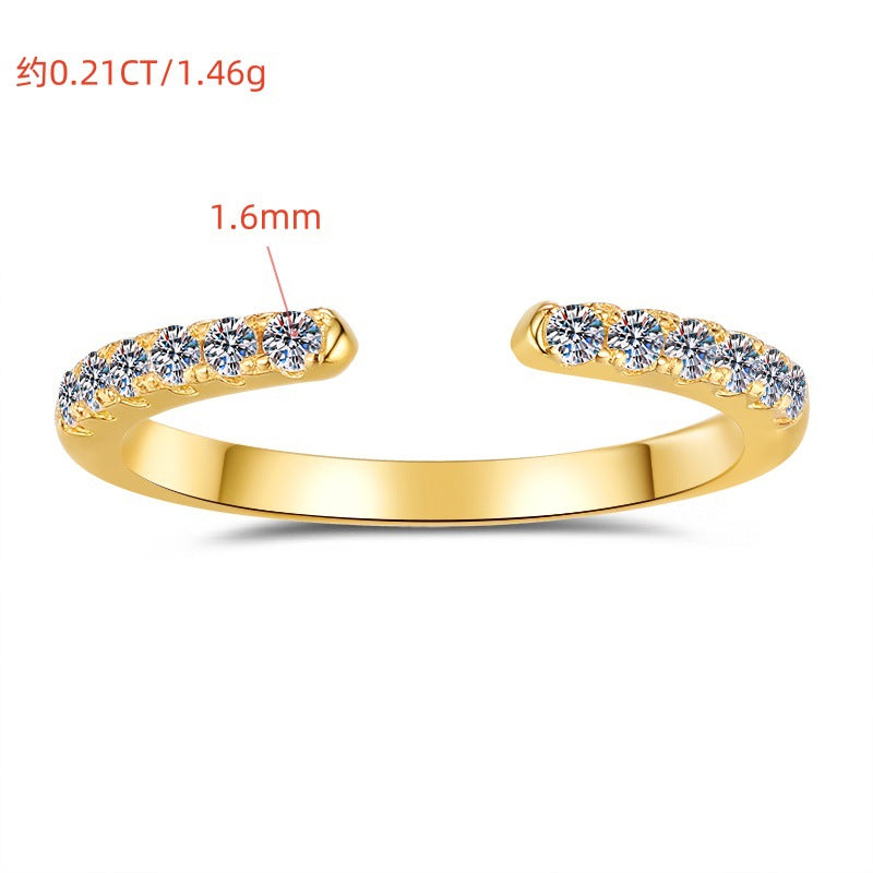 Korean-style trendy 925 sterling silver open ring for women; stackable row-style design, 18K gold-plated, versatile Moissanite silver jewelry.